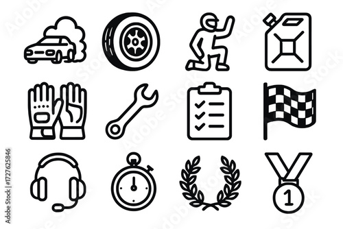 Drag Race Icons. Drag race setup icons in outline style: burnout smoke, tire, pit crew, fuel can, gloves, wrench, clipboard, milestone flag, headset,