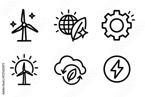Renewable Energy Symbols. Symbols icons in outline style: turbine with sparkles, globe with rays, leaf with star, gear with glow, sun with turbine,