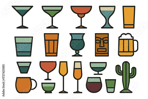 Glass Icons. Glass types set of icons in abstract flat : martini glass, margarita glass, coupe glass, highball glass, lowball glass, Collins glass,