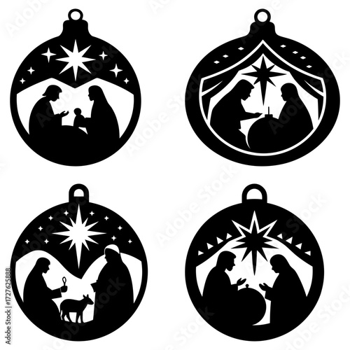 Four christmas ornaments depicting nativity scenes with stars and silhouettes in black and white style