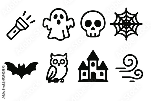 Spooky Icon Collection. Spooky theme icons in outline style: flashlight beam, ghost, skull, cobweb, bat, owl, haunted house, mist swirl.