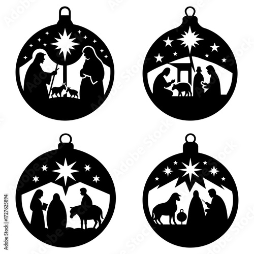 Four christmas ornaments depicting the nativity scene with stars and silhouettes in black and white style