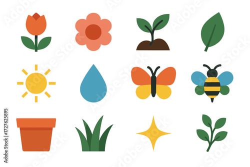 Abstract Garden Icons. Basic early bloom set of icons in abstract flat : flower bud, open blossom, sprouting seed, leaf, sun, water droplet,