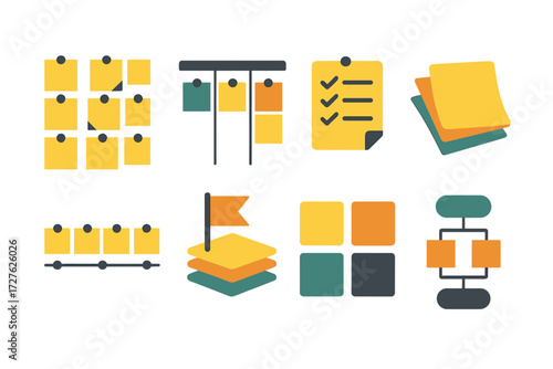 Planning Icons. Organized planning set of icons in abstract flat : sticky notes grid, Kanban board, checklist on notes, layered sticky notes,