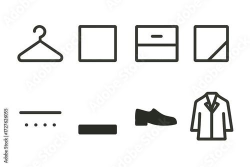 Minimalist Closet Icons. Minimalist closet symbols set of icons in abstract flat : simple hanger, outline box, plain drawer, folded square, dotted