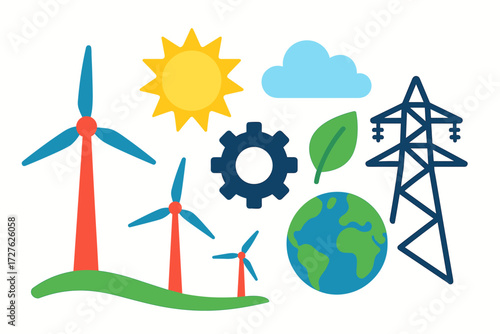 Sustainable Energy Icons. Objects in modern flat vector : wind turbine, wind farm, gear, sun, cloud, leaf, globe, power line