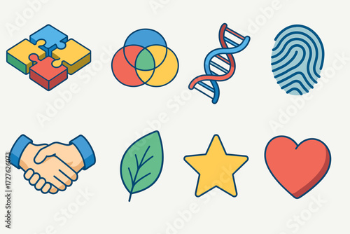 Isometric Icon Set. Objects set icons in modern isometric flat : puzzle pieces, venn diagram, DNA strand, fingerprint, handshake, leaf, star, heart