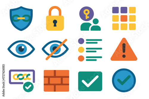 Secure Link Icons. Secure link governance in modern flat vector : shield lock, padlock, key, permission badge, roles grid, eye visibility, eye crossed