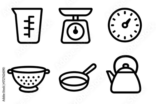 Kitchen Essentials Icons. Kitchen essentials icons in outline style: measuring cup, scale, timer dial, colander, pan, kettle