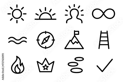 Margin Boost Icons. Symbolic margin boost icons in outline style: radiant sun, sunrise horizon, glowing aura, infinity loop, harmony wave, guiding