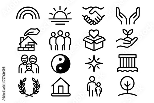 Recovery Hope Icons. Recovery hope icons in outline style: rainbow arc, sunrise horizon, handshake, supportive hands, rebuilding house, community