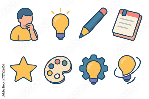 Isometric Creative Icons. Creative process set icons in modern isometric flat : thinking pose, spark, pen, notepad, doodle star, palette, innovation