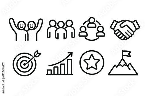 Team Spirit Icons. Team spirit icons in outline style: happy arms, group avatars, unity circle, handshake, target dart, rising graph, star badge,