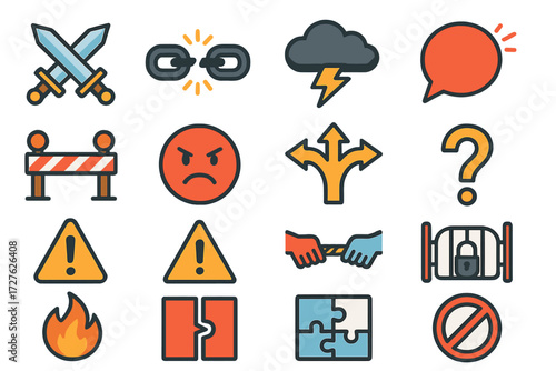 Vibrant Conflict Icons. Dispute symbols in modern flat vector : crossed swords, broken chain, storm cloud, shouting bubble, barrier wall, angry face,