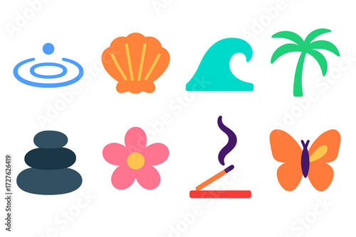 Minimalist Relaxation Icons. Relaxing flow in modern flat vector : water ripple, seashell, wave, palm tree, pebble stack, flower blossom, incense