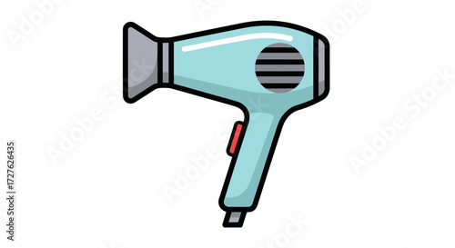 A light blue cartoon hairdryer with a red switch illustrated in a simple vector style.