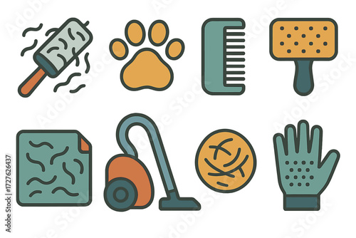 Pet Hair Cleaning Icons. Pet hair cleaning set of icons in abstract flat : lint roller with fur, paw print, comb, pet brush, sticky pad, vacuum