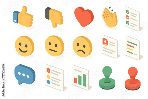 Feedback Icons Collection. Feedback icons set icons in modern isometric flat : thumbs up, thumbs down, heart like, clapping hands, smiling face,