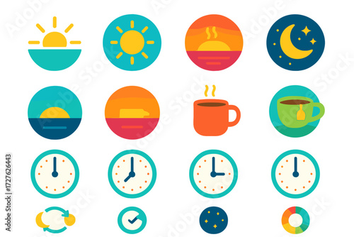 Daily Cycle Icons. Time segments in modern flat vector : sunrise, midday sun, sunset, night moon, dawn horizon, dusk horizon, morning coffee,