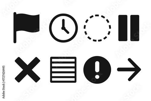 Icon Set. Minimalist late visuals set of icons in abstract flat : solid flag, clock outline, dashed circle, pause block, cross mark, striped square,
