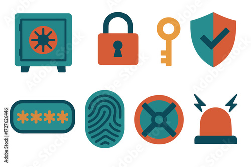 Security Icons. Security icons set of icons in abstract flat : safe box, lock, key, shield with check, password pad, fingerprint, vault door, alarm