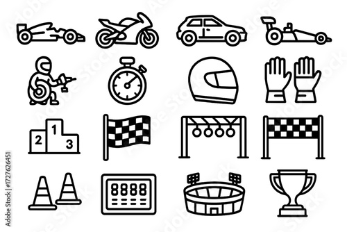 Racing Icon Collection. Racing context icons in outline style: race car, motorcycle, rally car, dragster, pit stop crew, stopwatch, helmet, gloves,