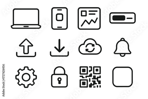Tech Icons Collection. Digital customize tab icons in outline style: laptop screen, smartphone app, dashboard chart, progress bar, upload arrow,