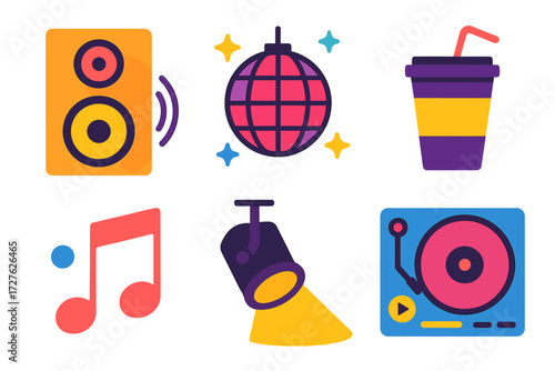 Modern Party Icons. Party vibes in modern flat vector : bass speaker, disco ball, drink cup, music note, spotlight, DJ turntable