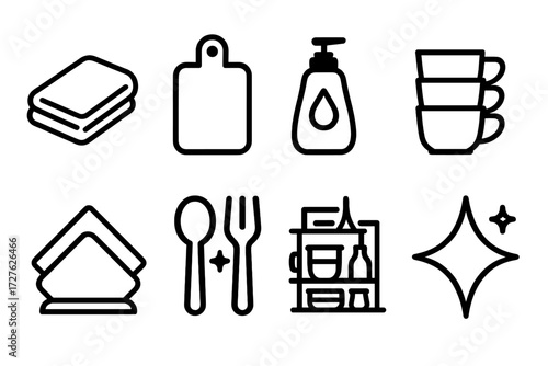 Kitchen Set Icons. Organized kitchen set icons in outline style: folded towel, cutting board, dish soap, cup stack, tidy shelves, napkin, clean
