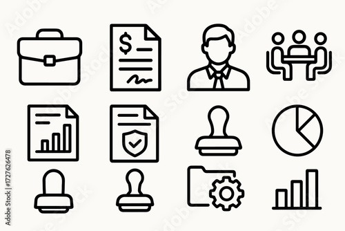 Business Icon Set. Business workload icons in outline style: briefcase, contract paper, supervisor figure, meeting table, report sheet, policy