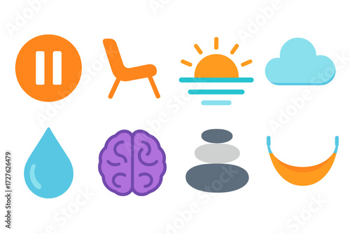 Modern Mental Reset Icons. Mental reset visuals in modern flat vector : pause circle, resting chair, sunrise horizon, clear sky cloud, water droplet,