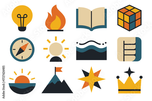 Icon Set. Creative opinion chart set of icons in abstract flat : lightbulb idea, storytelling flame, open book, puzzle cube, guiding compass,