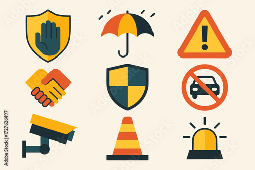 Safety Icons Collection. Concepts set of icons in abstract flat : safety, protection, prevention, caution, defense, control, road security, hazard