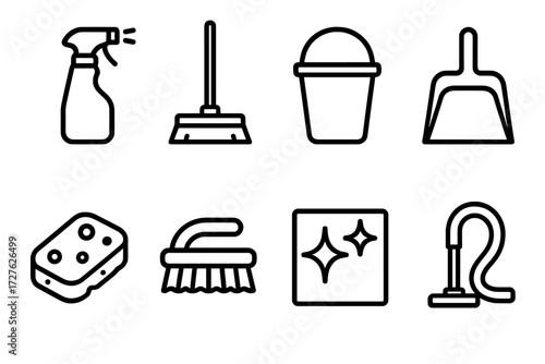 Cleaning Tools Icons. Household cleaning visuals icons in outline style: spray bottle, mop, bucket, dustpan, sponge, brush, sparkling surface, vacuum