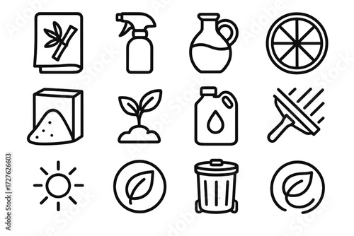 Eco-Friendly Cleaning Icons. Eco-friendly mirror wipe icons in outline style: bamboo cloth, reusable spray bottle, vinegar jar, lemon slice, baking