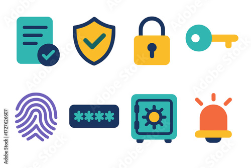Modern Security Icons. Security icons in modern flat vector : audit trail, shield with check, lock, key, fingerprint, password dots, safe box, alarm
