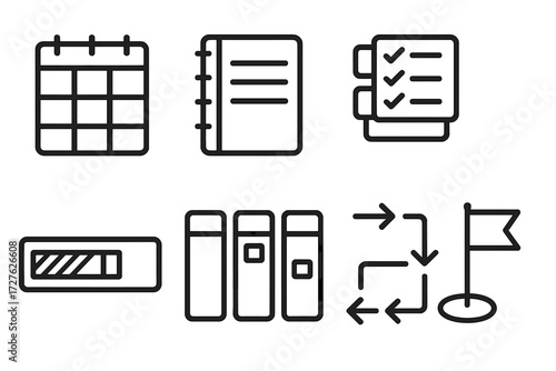 Organized Schedule Icons. Organized schedule icons in outline style: weekly grid, planner notebook, layered tasks, timeline chart, progress bar,
