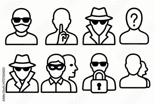Mystery Icons. Concepts icons in outline style: anonymity, secrecy, disguise, mystery identity, undercover role, secret persona, alter ego,