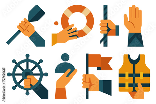 Nautical Gesture Icons. Gestures set of icons in abstract flat : hand rowing oar, hand throwing lifebuoy, hand pulling rope, hand signaling help,