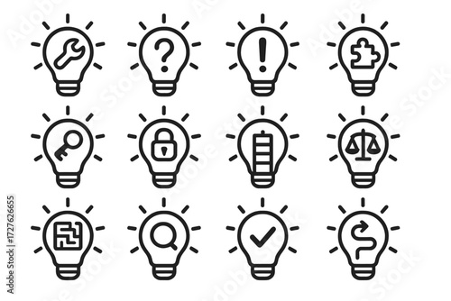 Problem-Solving Bulb Icons. Problem-solving bulbs icons in outline style: bulb with wrench, bulb with question mark, bulb with exclamation mark, bulb