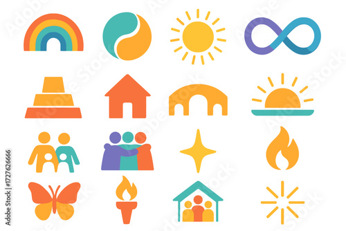 Vibrant Motivation Icons. Motivation symbols in modern flat vector : rainbow arc, harmony circle, glowing aura, infinity loop, strong foundation, safe