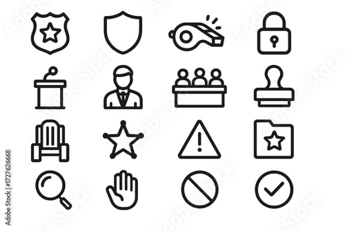 Law Enforcement Icons. Enforcement icons in outline style: police badge, shield, whistle, security lock, courtroom podium, lawyer figure, jury table,