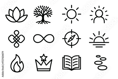 Symbolic Shyness Icons. Symbolic shyness icons in outline style: lotus flower, tree of life, radiant sun, glowing aura, harmony knot, infinity loop,