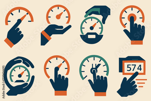 Gestures with Speedometers. Gestures set of icons in abstract flat : hand pointing at speedometer, hand holding speedometer, hand adjusting dial,