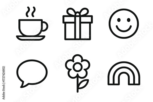 Everyday Kindness Icons. Everyday kindness icons in outline style: coffee cup, gift box, smiley face, chat bubble, flower, rainbow