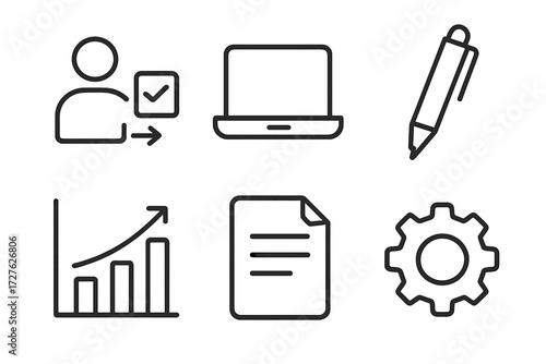 Office Tools Icons. Office tools icons in outline style: delegated task, laptop, pen, chart, document, gear