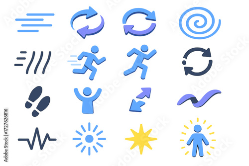 Dynamic Movement Icons. Body motion set icons in modern isometric flat : speed lines, swirl arrows, looping arrows, spiral motion, vibration lines,