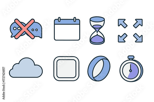 Meeting Gaps Icons. Meeting gaps set icons in modern isometric flat : crossed meeting icon, vacant calendar cell, hourglass half full, space arrows,