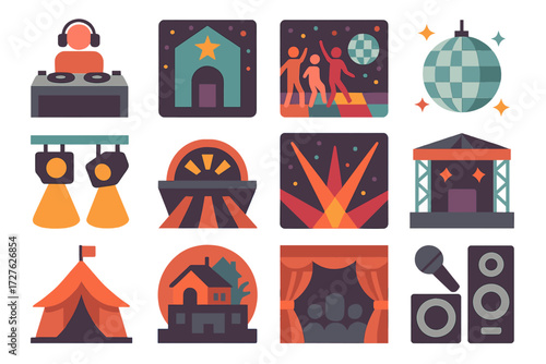 Party Icons. Stage context set of icons in abstract flat : DJ booth, nightclub, dance floor, disco ball, stage lights, strobe light, laser beam,