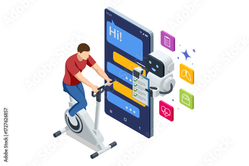 AI fitness bike. Isometric AI assistant tracking man on exercise bike, showing health statistics and workout progress, smart fitness training.